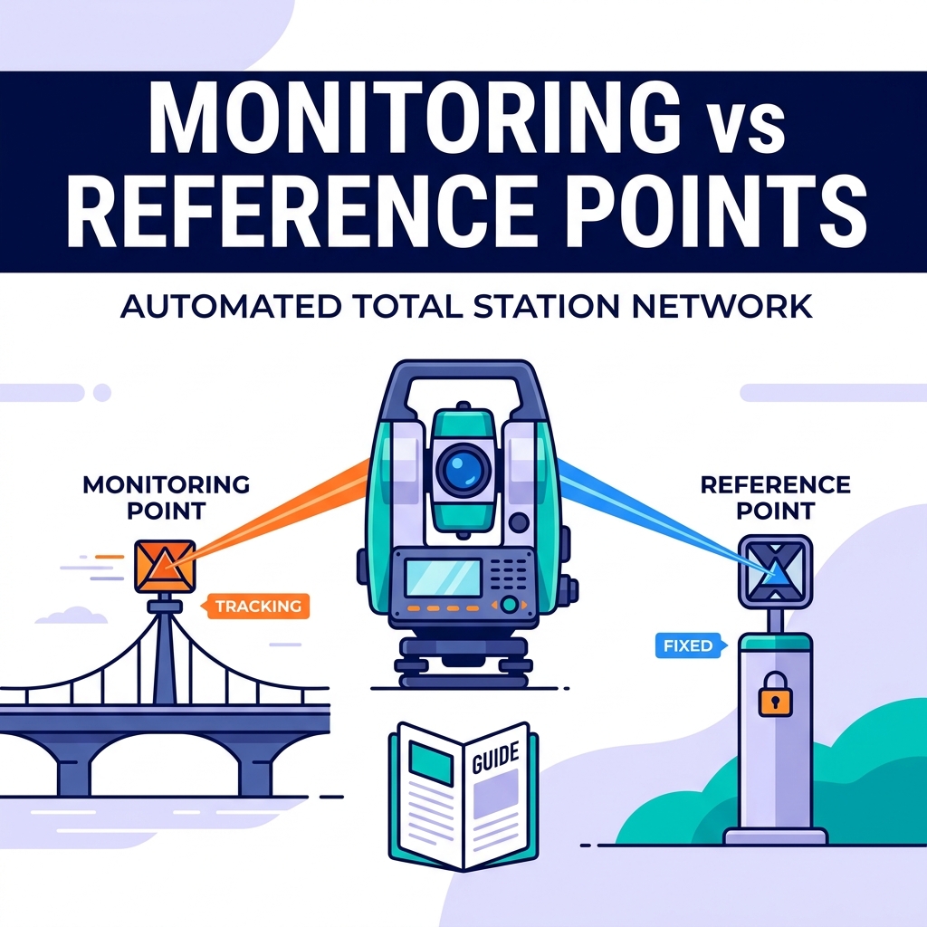 Points de surveillance par rapport aux points de référence dans un réseau de stations totales automatisé